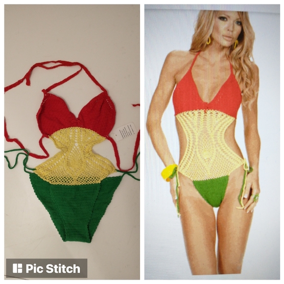Crochet Monokini One piece Bikini Sexy swim suit Jamaican Leaf Musotica NWT - Picture 1 of 8